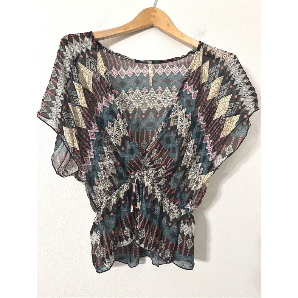Papaya Geometric Tribal Print Sheer Chiffon V-Neck Peplum Blouse Multicolor SM